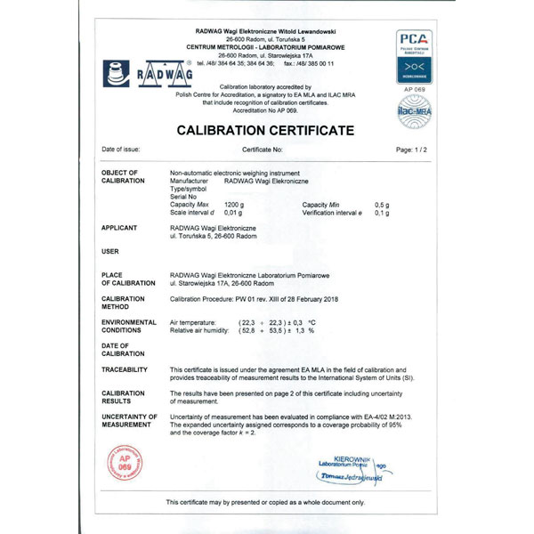 Certificado de calibración Radwag